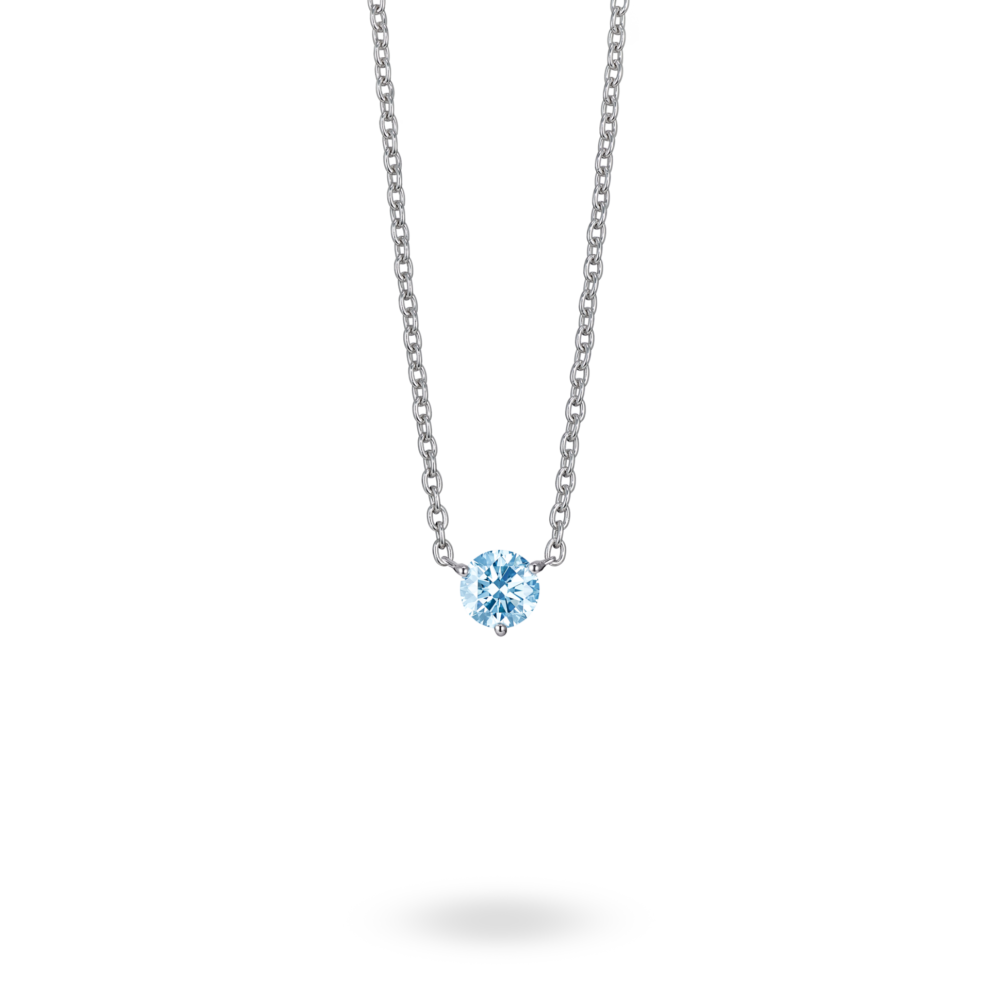 Front view of 0.5 carat blue round brilliant solitaire pendant in 14k white gold