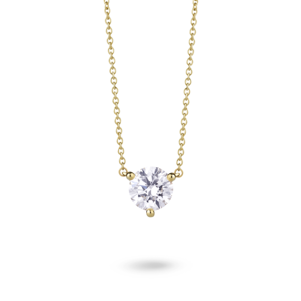 Front view of 14k yellow gold 1 carat solitaire round brilliant pendant with white diamond