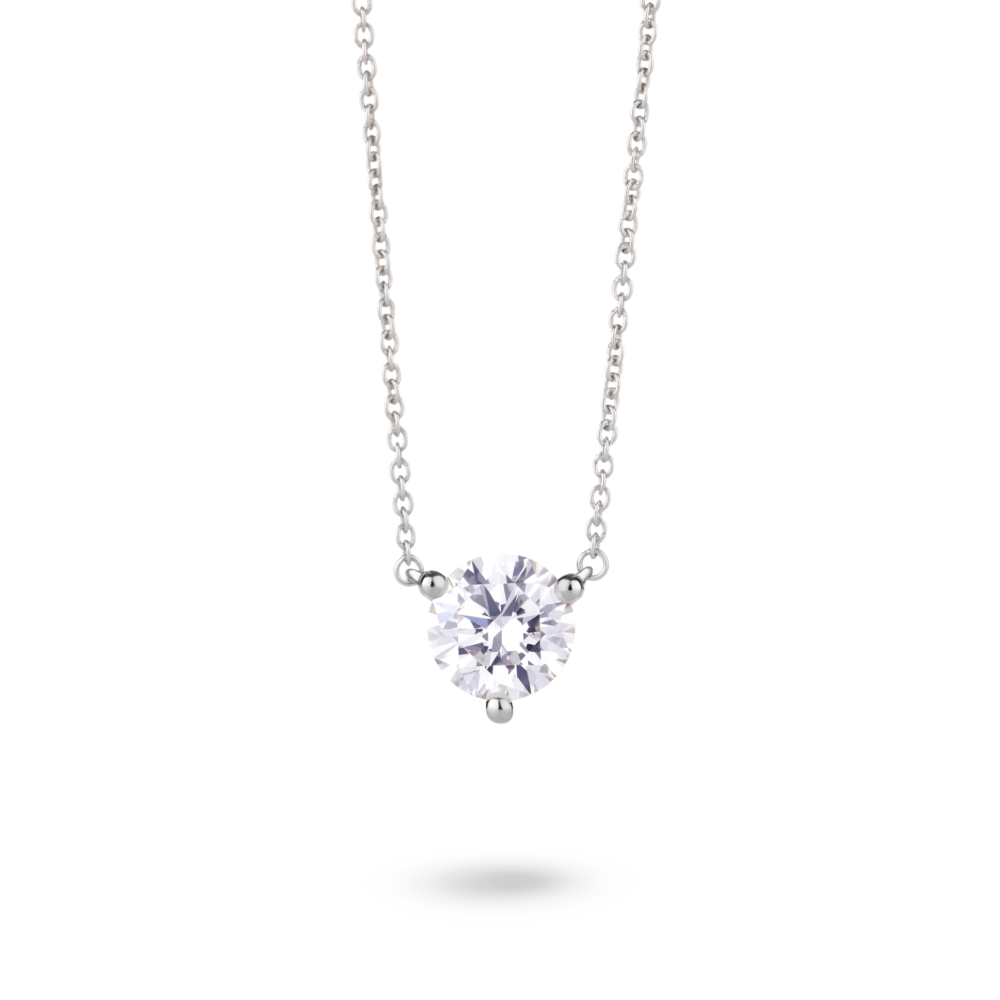Front view of 14k white gold 1 carat solitaire round brilliant pendant with white diamond