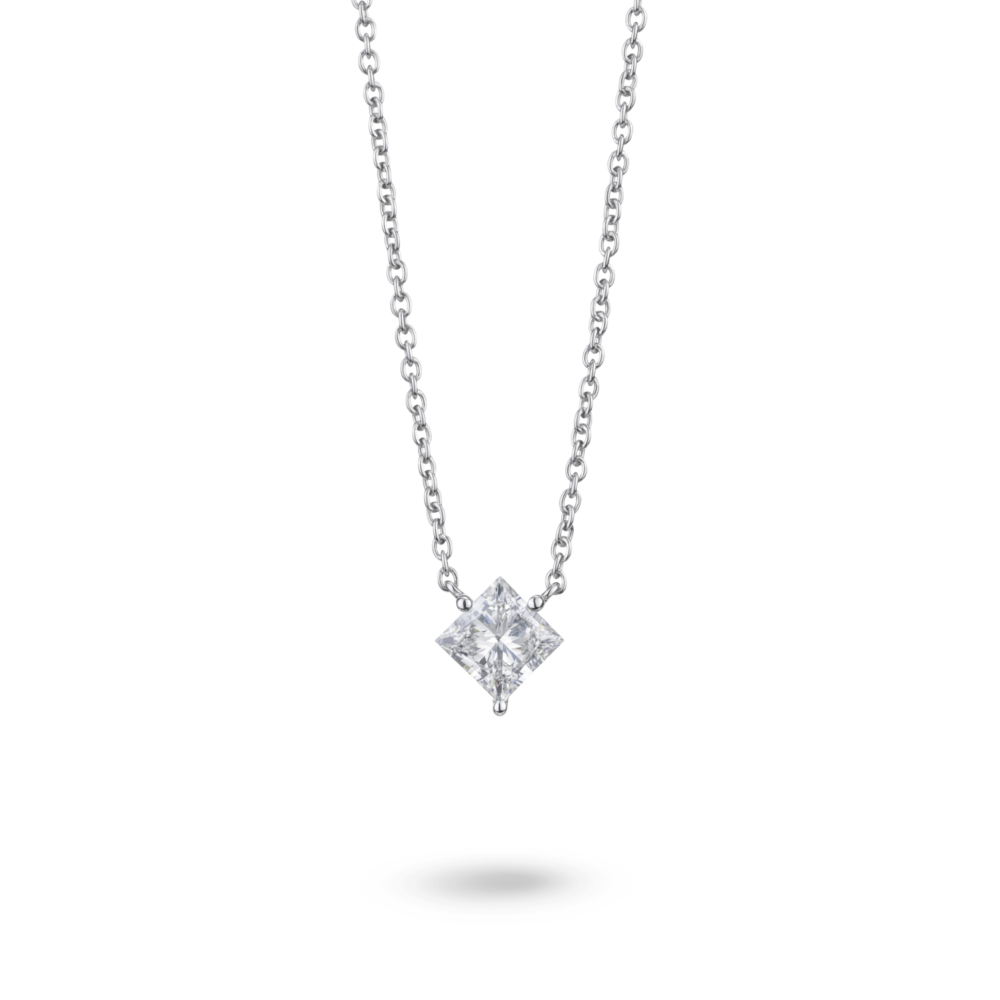 Front view of 14k white gold 1 carat princess cut pendant with white diamond