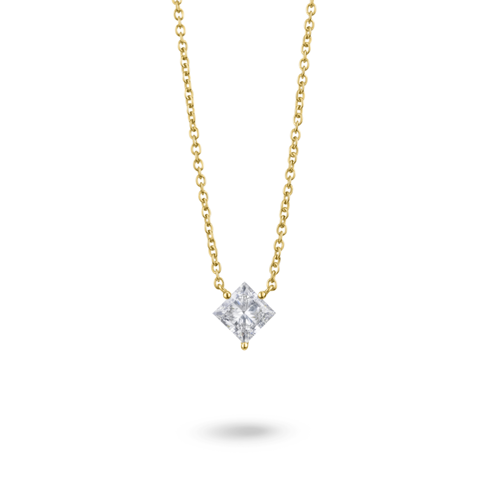 Front view of 14k yellow gold 1 carat princess cut pendant with white diamond