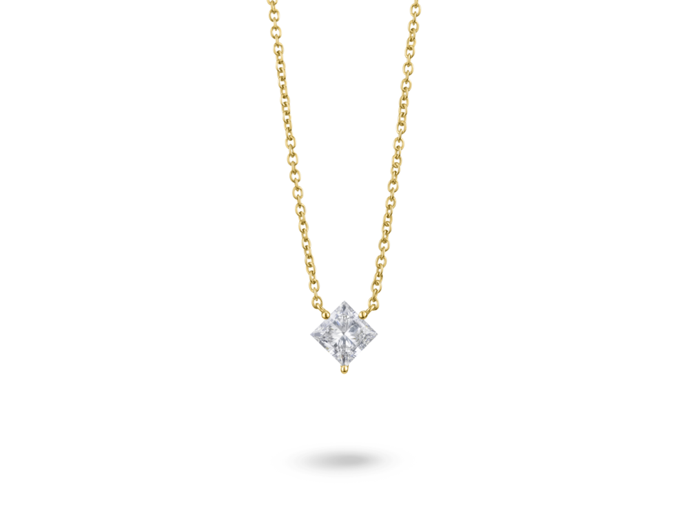 Front view of 14k yellow gold 1 carat princess cut pendant with white diamond