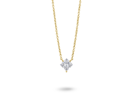 Front view of 14k yellow gold 1 carat princess cut pendant with white diamond