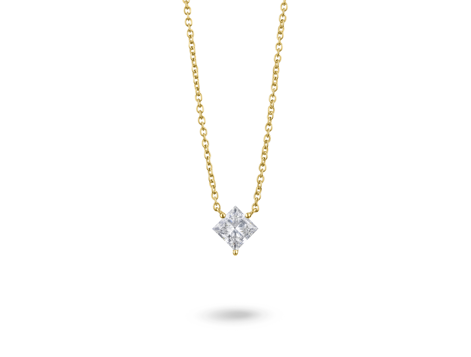 Front view of 14k yellow gold 1 carat princess cut pendant with white diamond