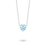 Front view of a blue 2 carat round brilliant pendant in a 14k white gold solitaire setting