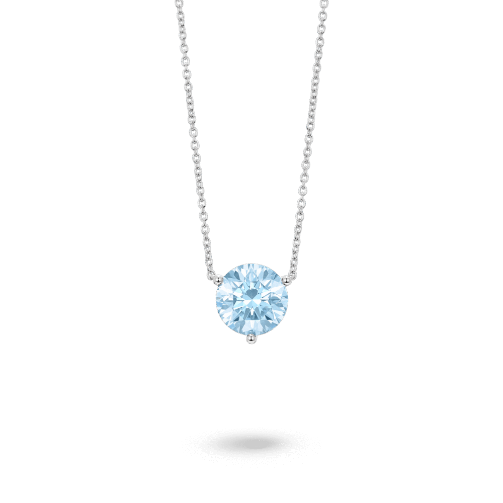 Front view of a blue 2 carat round brilliant pendant in a 14k white gold solitaire setting