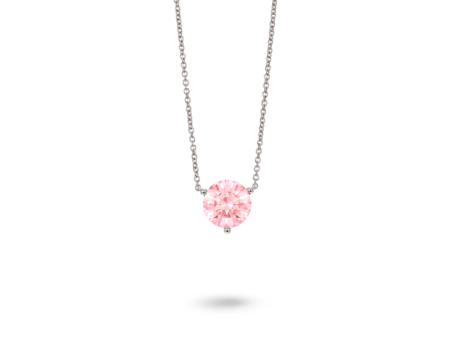 Front view of 2 carat pink round brilliant pendant in 14k white gold