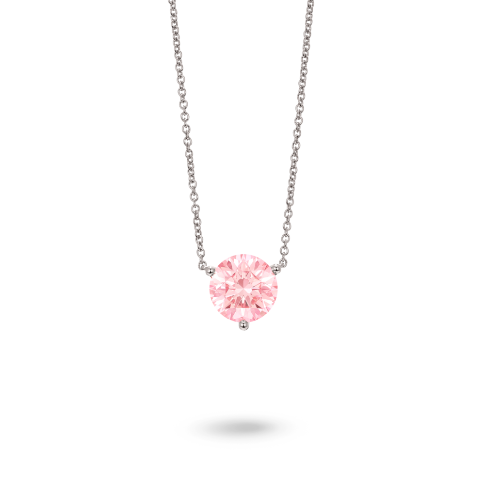 Front view of 2 carat pink round brilliant pendant in 14k white gold