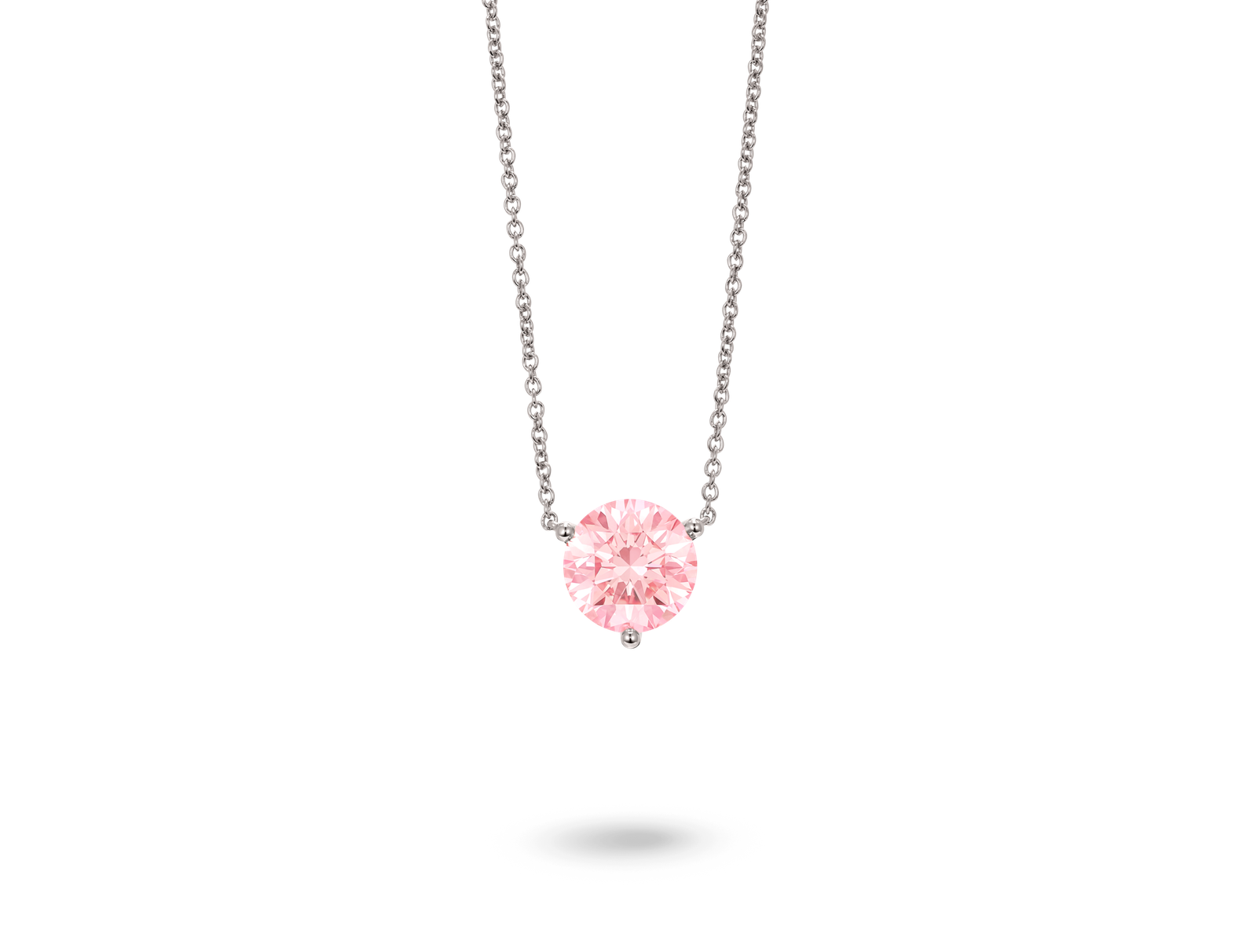 Front view of 2 carat pink round brilliant pendant in 14k white gold
