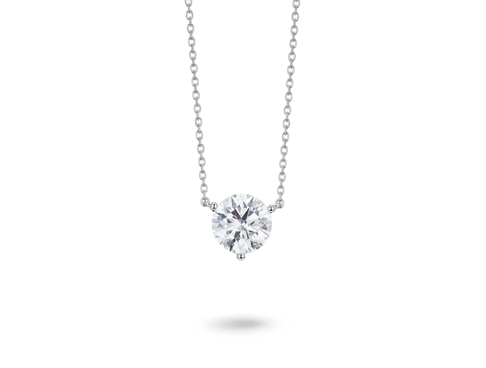 Front view of a lab-grown white 2 carat total weight round brilliant solitaire pendant in 14k white gold