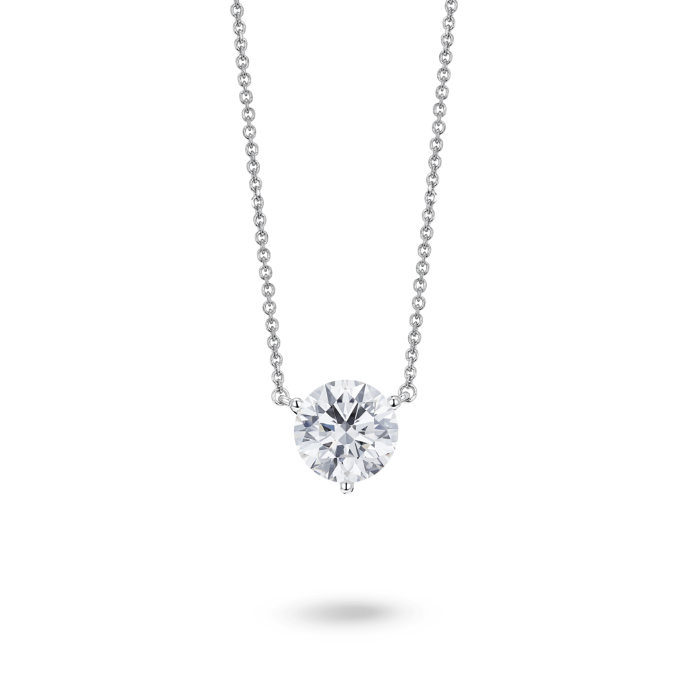 Front view of a lab-grown white 1.5 carat total weight round brilliant solitaire pendant in 14k white gold