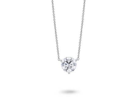 Front view of a lab-grown white 1.5 carat total weight round brilliant solitaire pendant in 14k white gold