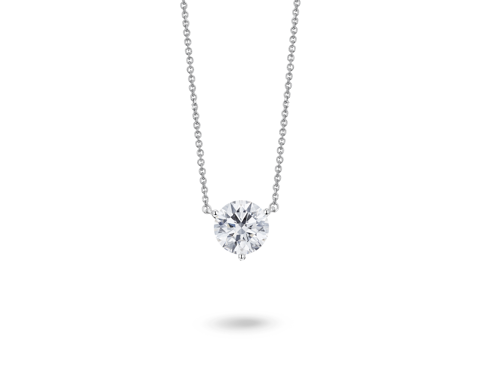 Front view of a lab-grown white 1.5 carat total weight round brilliant solitaire pendant in 14k white gold
