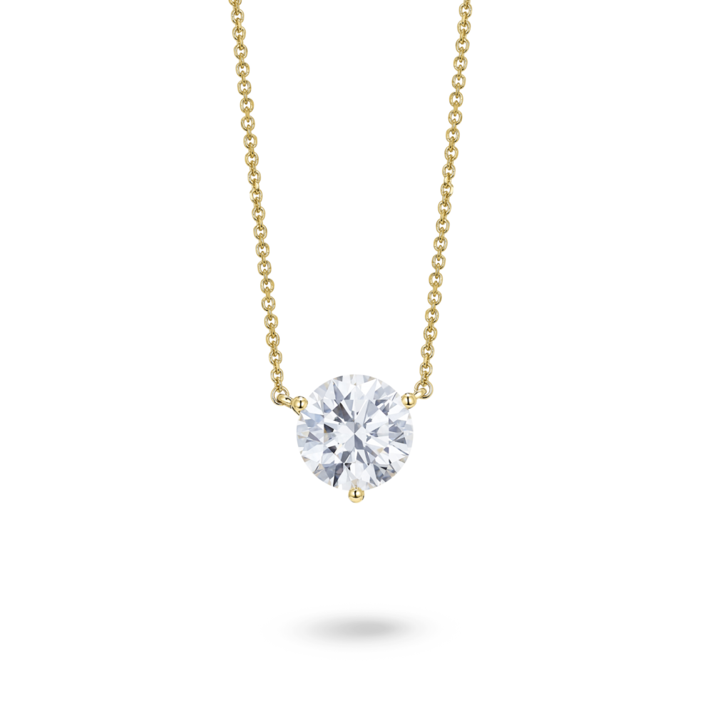 Front view of a lab-grown white 2 carat total weight round brilliant solitaire pendant in 14k yellow gold