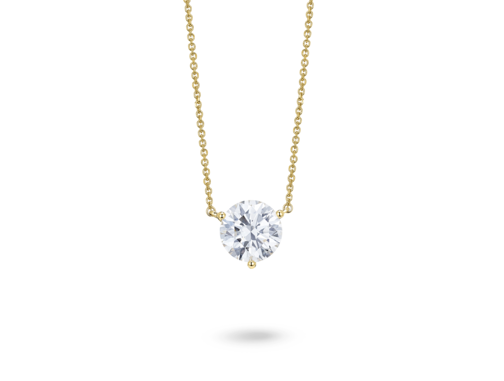 Front view of a lab-grown white 2 carat total weight round brilliant solitaire pendant in 14k yellow gold