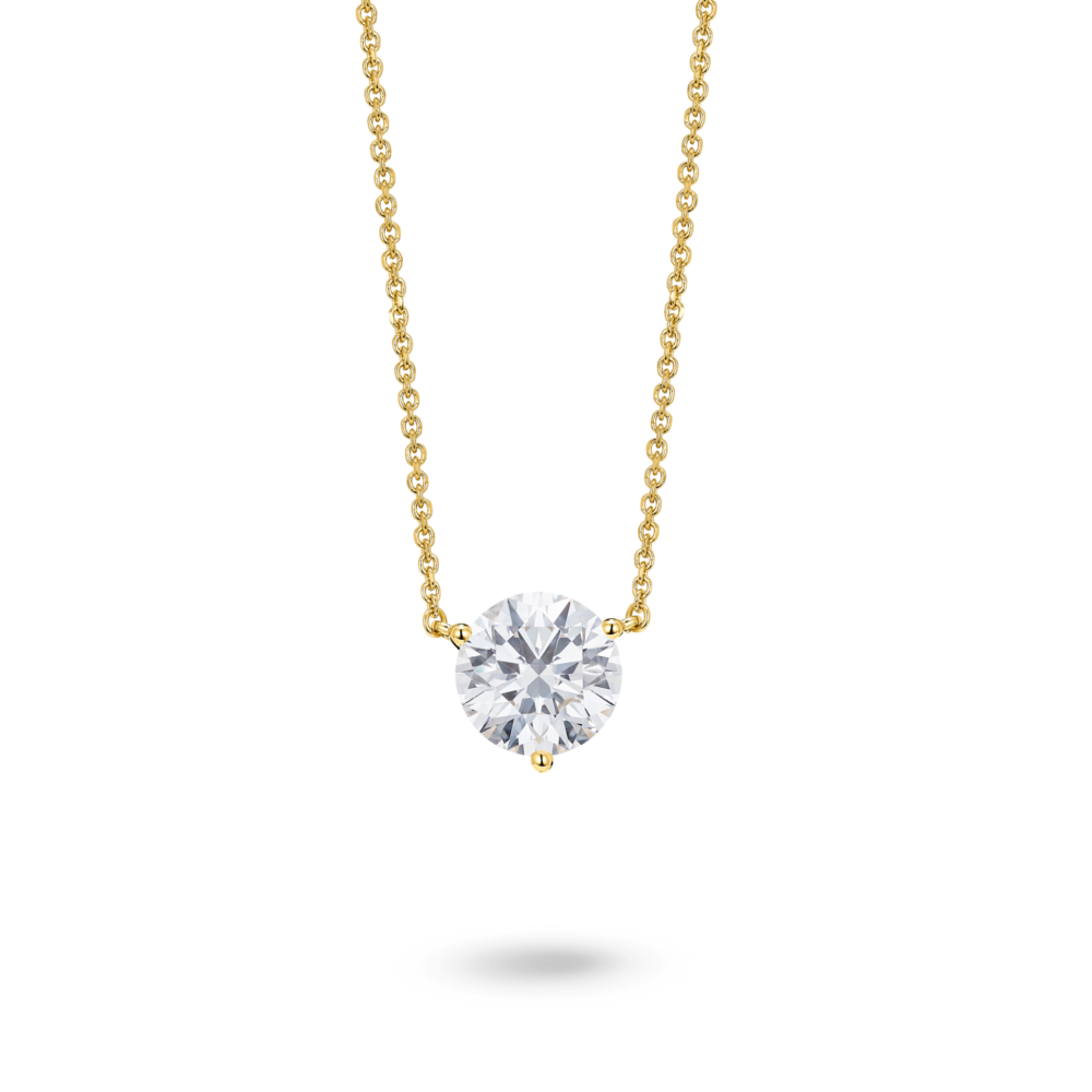 Front view of a lab-grown white 1.5 carat total weight round brilliant solitaire pendant in 14k yellowgold