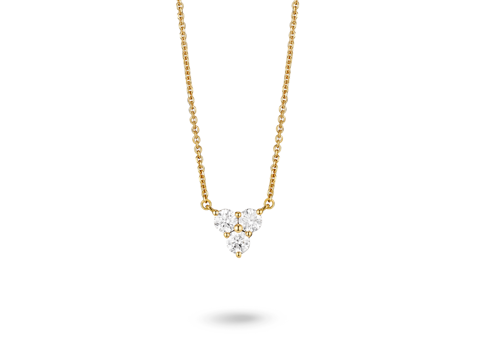Front view of lab-grown diamond mini trio pendant in yellow gold