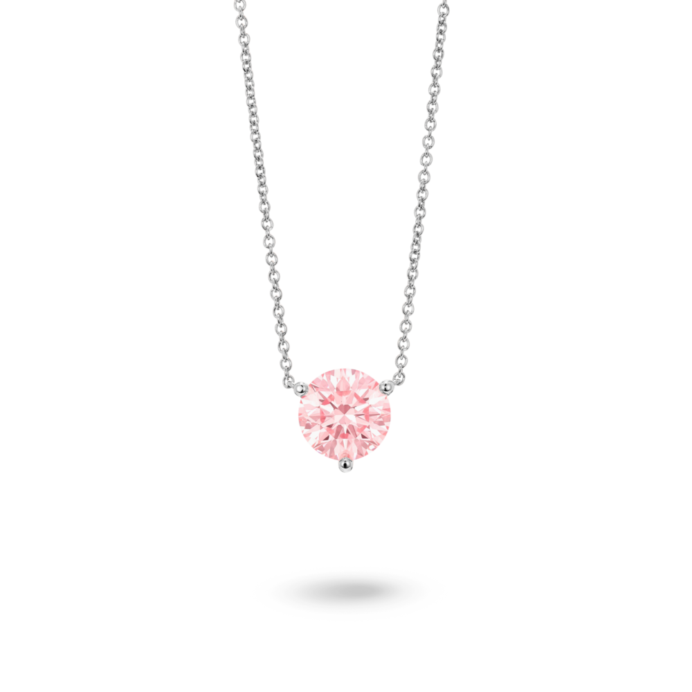 Front view of pink 1.5 carat round brilliant solitaire pendant