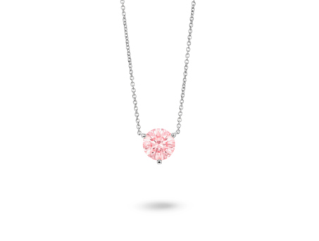 Front view of pink 1.5 carat round brilliant solitaire pendant