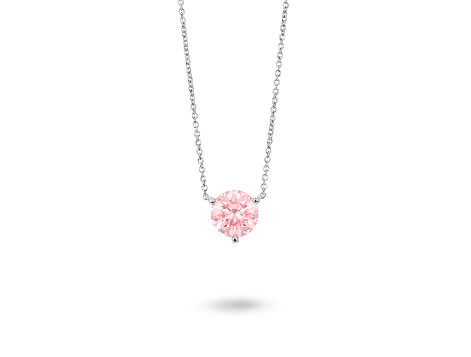 Front view of pink 1.5 carat round brilliant solitaire pendant