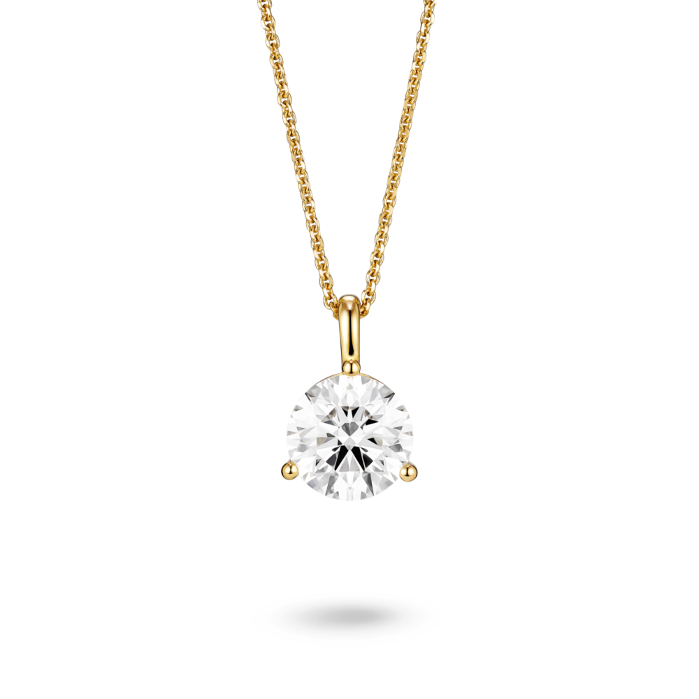 Front view of a lab-grown 2 carat round brilliant solitaire on a bale pendant in yellow gold