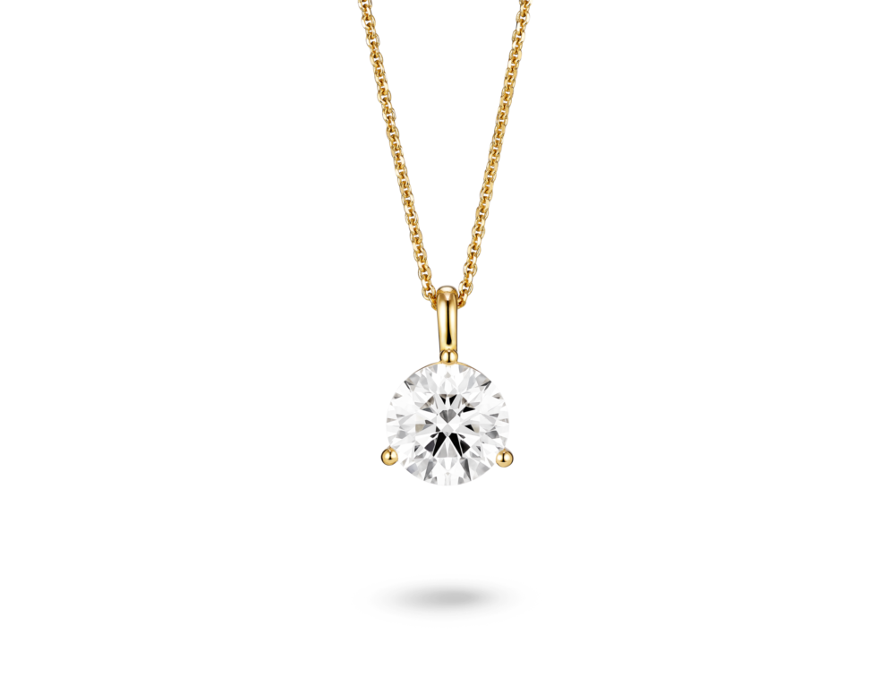Front view of a lab-grown 2 carat round brilliant solitaire on a bale pendant in yellow gold
