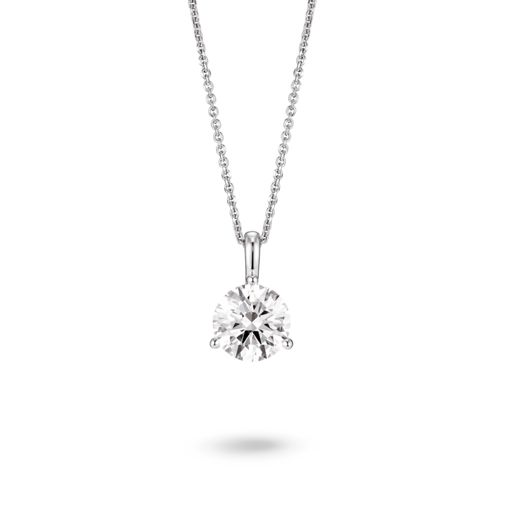 Front view of a lab-grown 1.5 carat round brilliant solitaire on a bale pendant in white gold