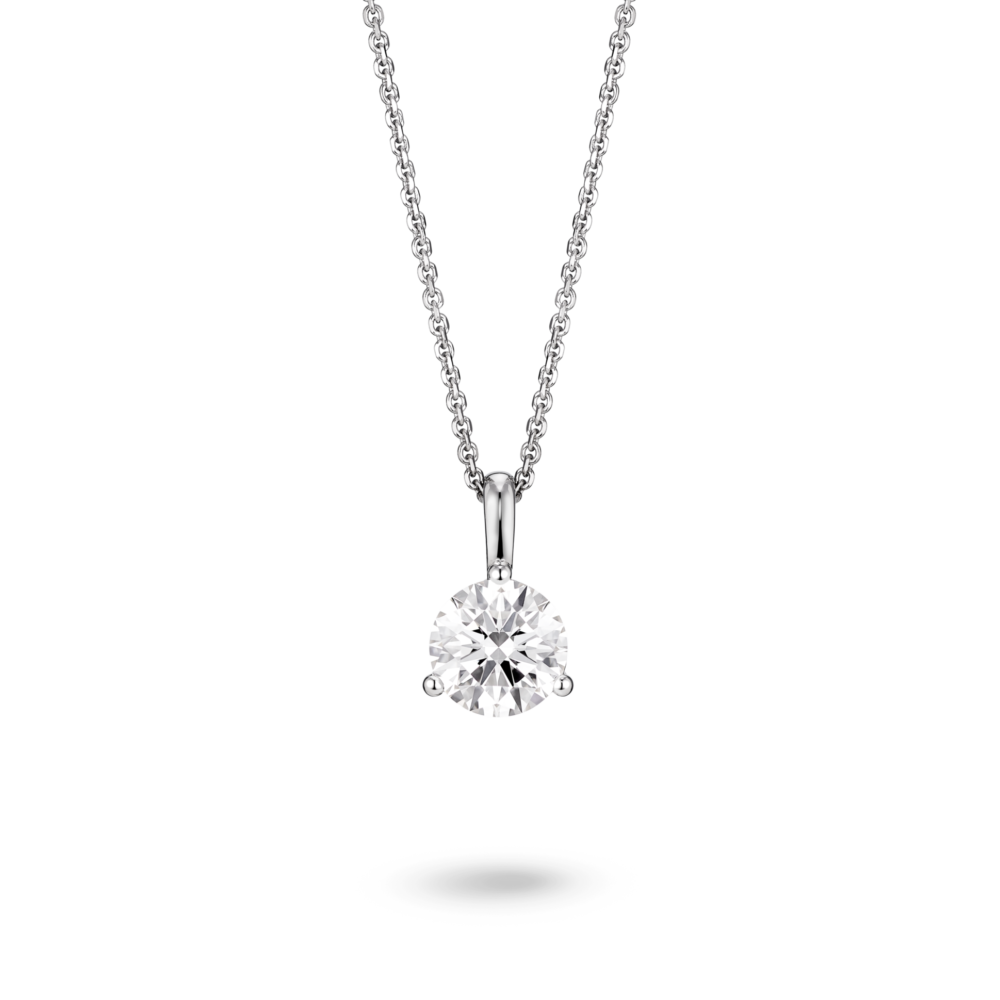 Front view of a lab-grown 1 carat round brilliant solitaire on a bale pendant in white gold