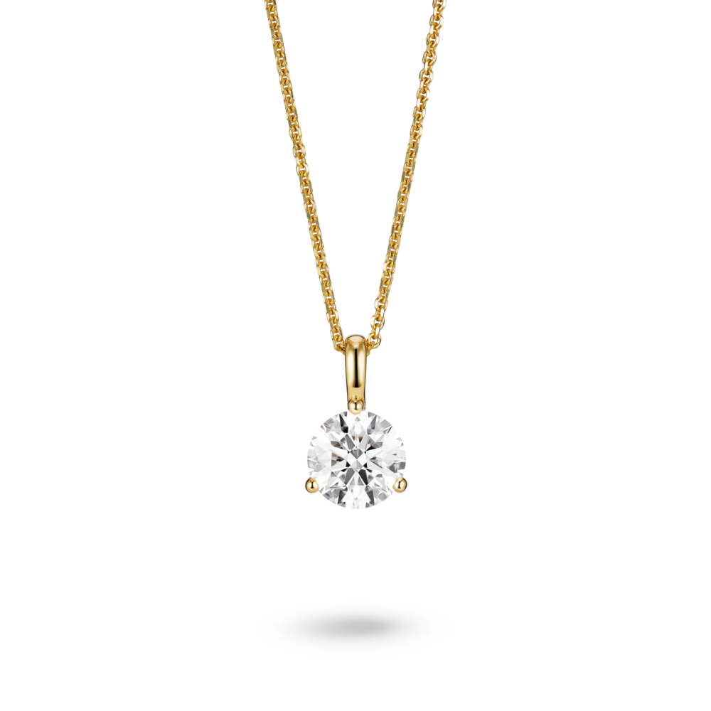 Front view of a lab-grown 1 carat round brilliant solitaire on a bale pendant in yellow gold