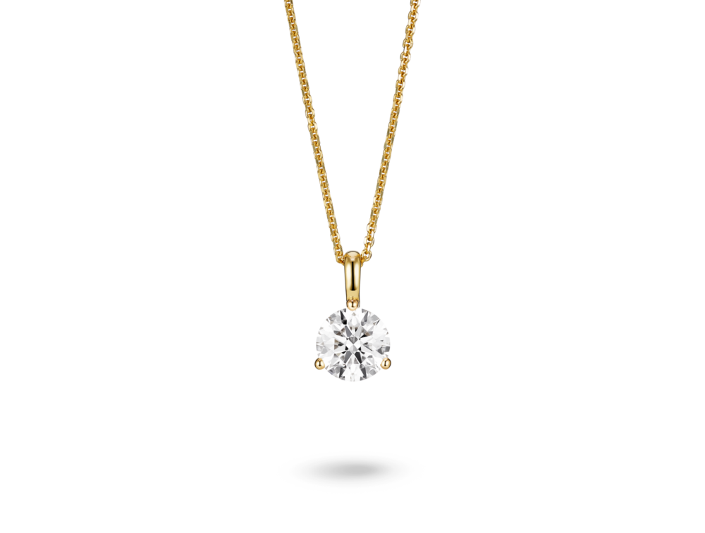 Front view of a lab-grown 1 carat round brilliant solitaire on a bale pendant in yellow gold