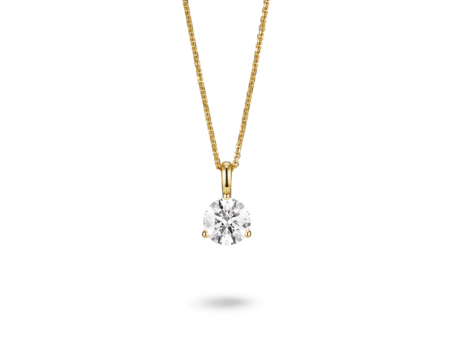 Front view of a lab-grown 1 carat round brilliant solitaire on a bale pendant in yellow gold