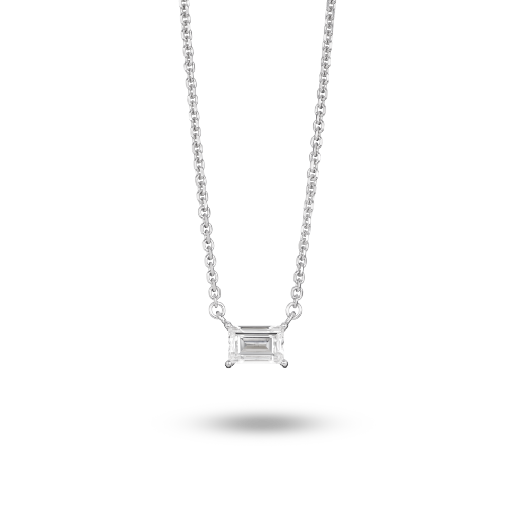 Front view of 0.25 carat baguette cut solitaire pendant in white gold