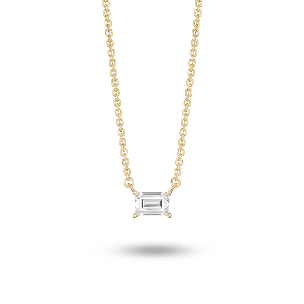 Front view of 0.25 carat baguette cut solitaire pendant in yellow gold