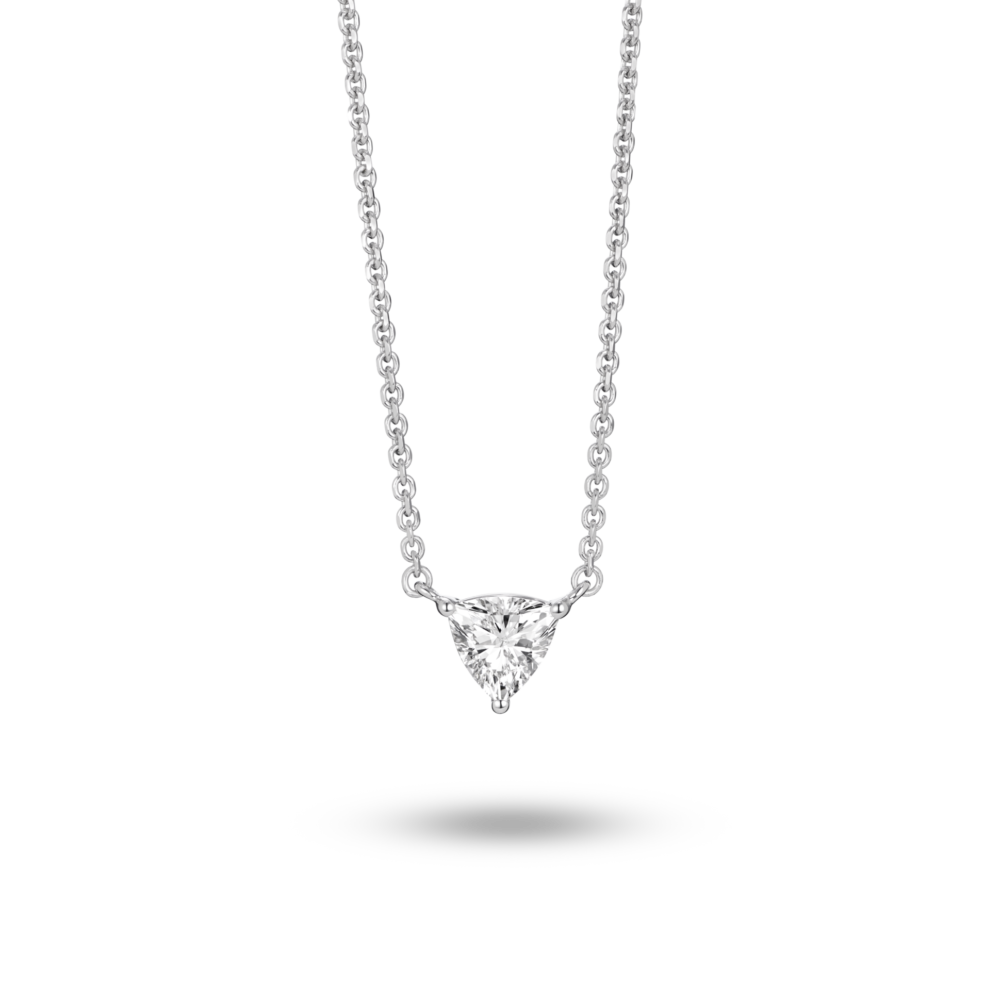 Front view of 0.25 carat trillion cut solitaire pendant in white gold