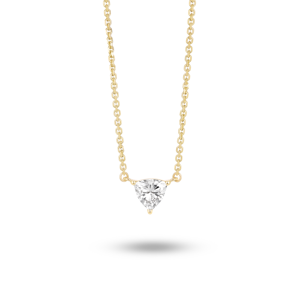 Front view of 0.25 carat trillion cut solitaire pendant in yellow gold