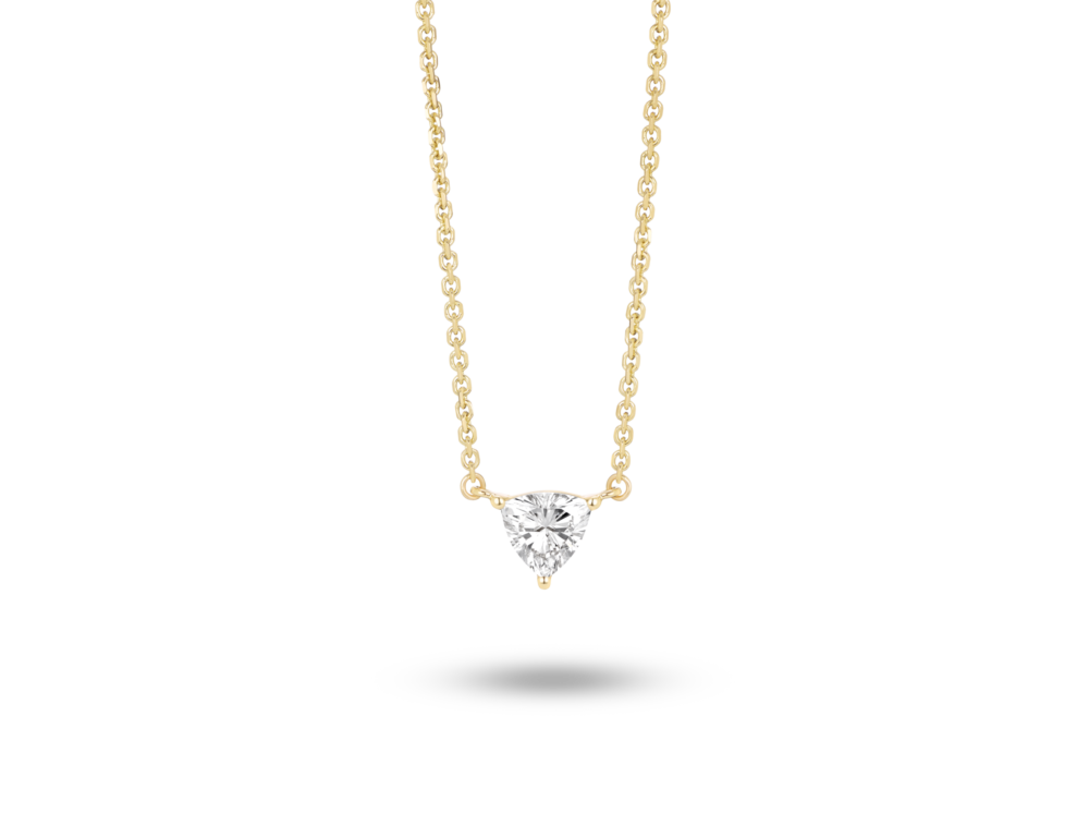 Front view of 0.25 carat trillion cut solitaire pendant in yellow gold