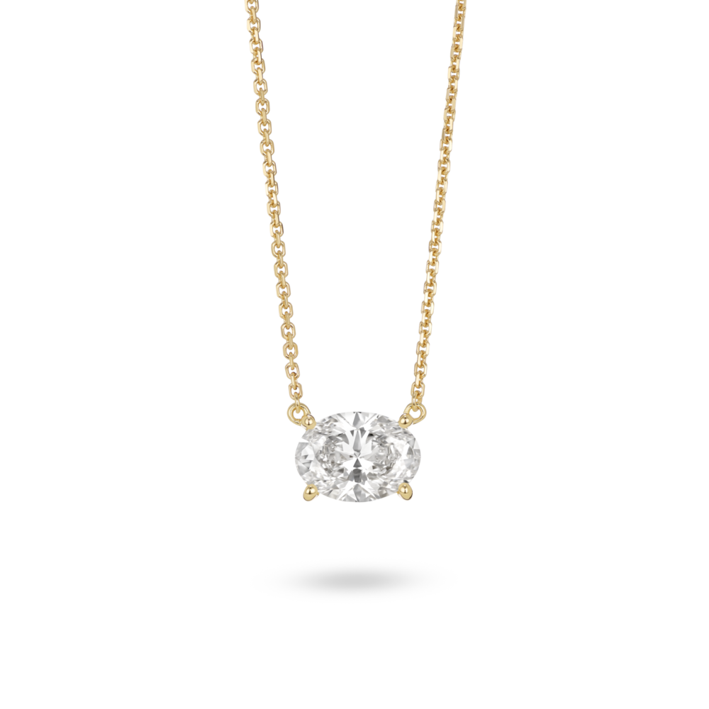Front view of 1 carat oval cut solitaire pendant in 14k yellow gold