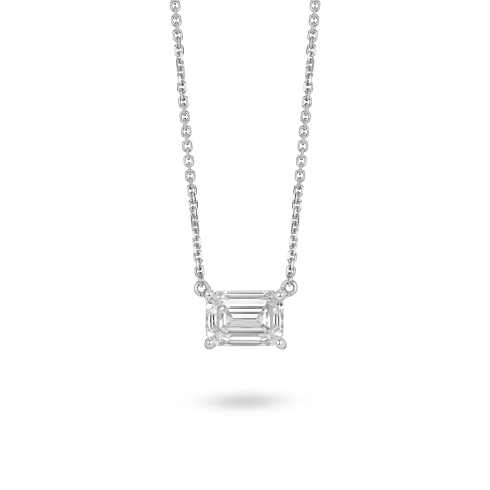 Front view of 1 carat emerald cut solitaire pendant in 14k white gold