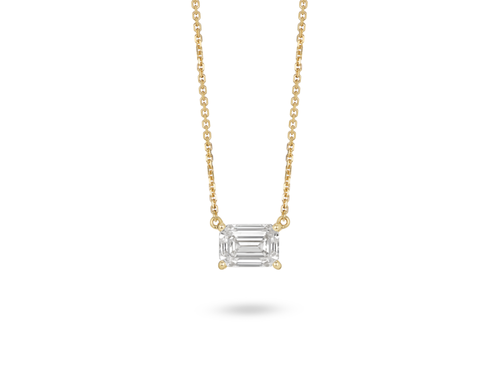 Front view of 1 carat emerald cut solitaire pendant in 14k yellow gold