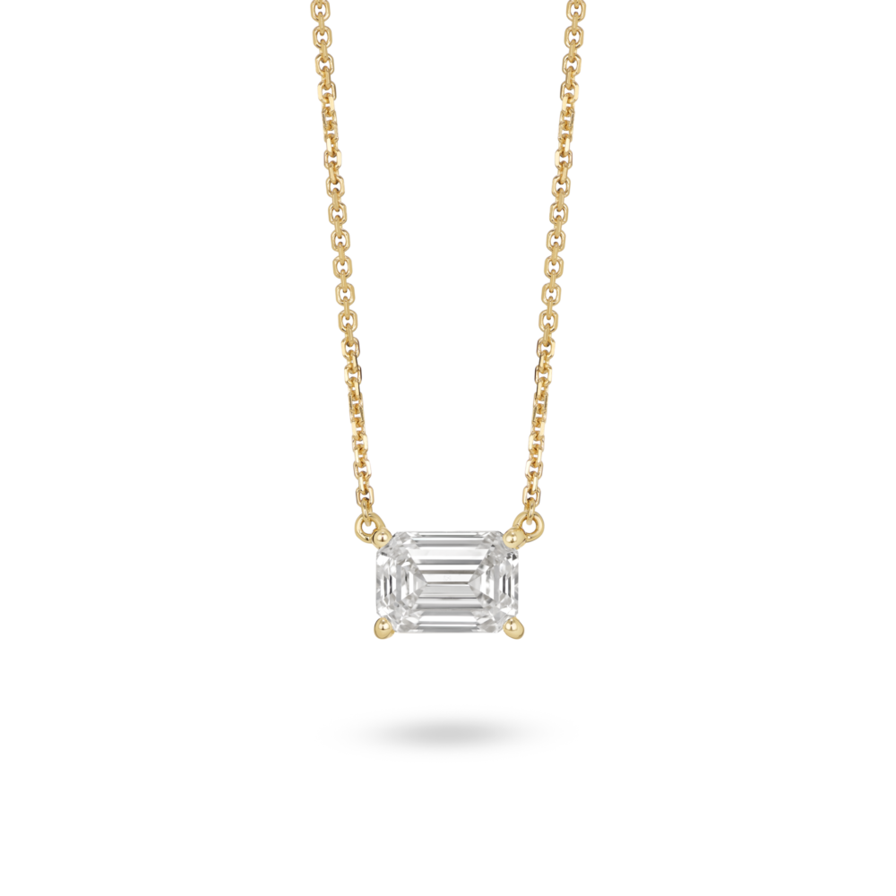 Front view of 1 carat emerald cut solitaire pendant in 14k yellow gold