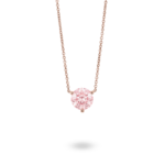 Front view of pink lab-grown 1.5 carat round brilliant solitaire pendant in rose gold