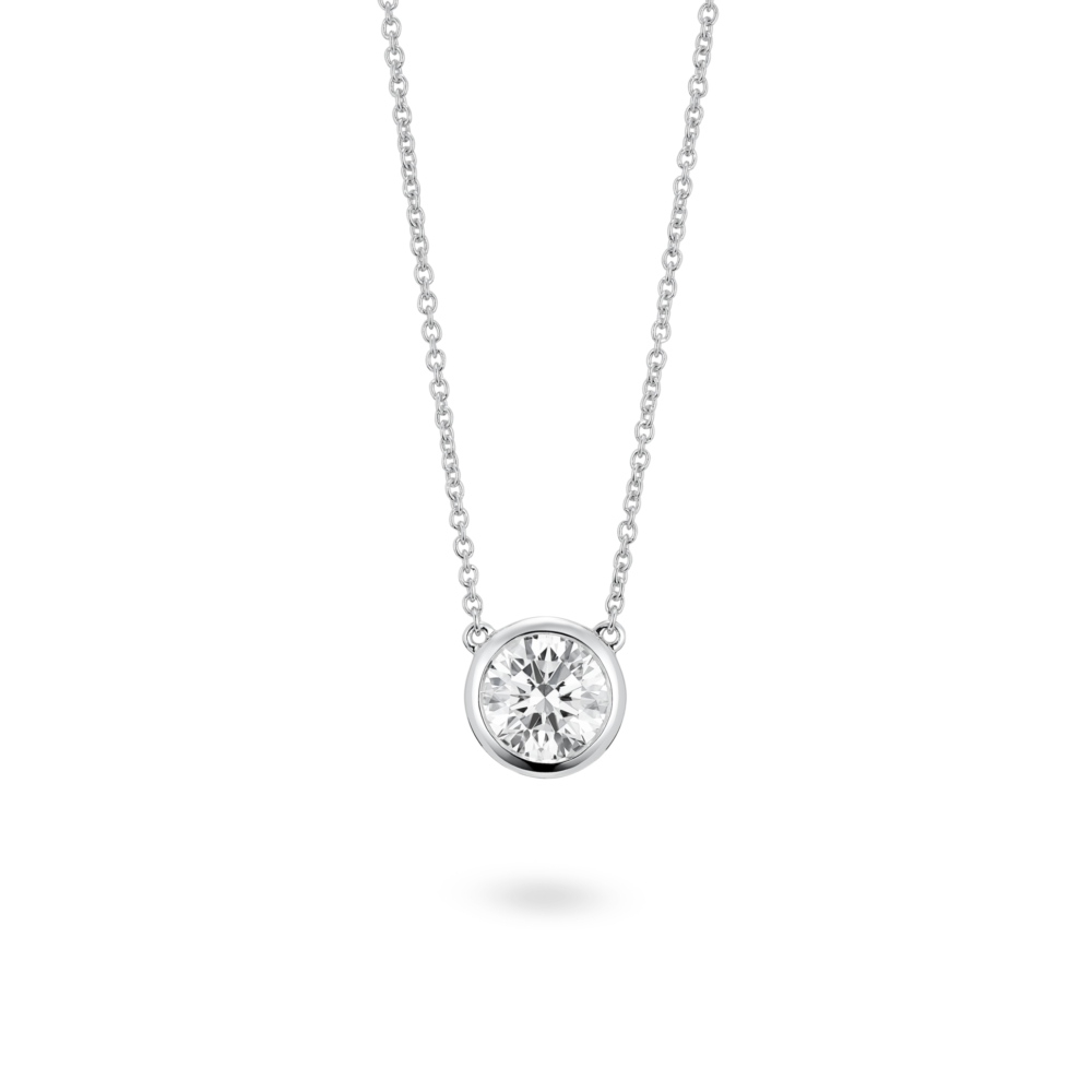 Front view of 1 carat round brilliant bezel pendant in 14k white gold