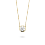 Front view of 1 carat round brilliant bezel pendant in 14k yellow gold
