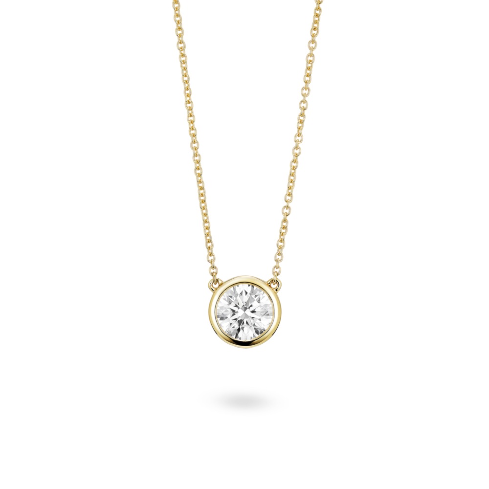 Front view of 1 carat round brilliant bezel pendant in 14k yellow gold