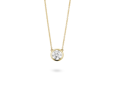 Front view of 1 carat round brilliant bezel pendant in 14k yellow gold