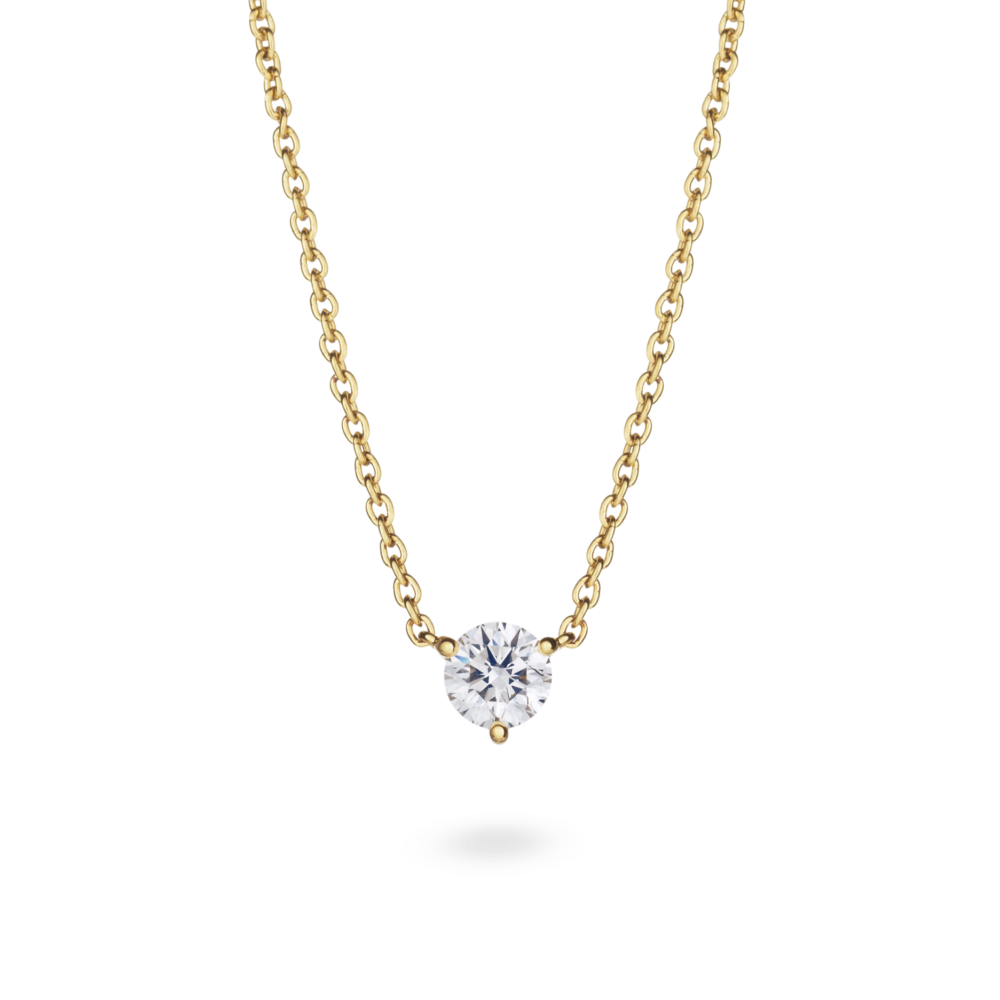 Front view of a white 0.5 carat round brilliant solitaire pendant in 14k yellow gold