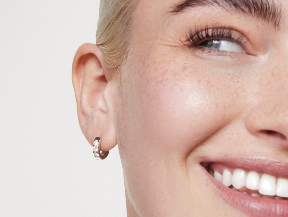 Lab-Grown Diamond ⅘ct. tw. Round Brilliant Pavé Huggie Hoops | White - Image 3
