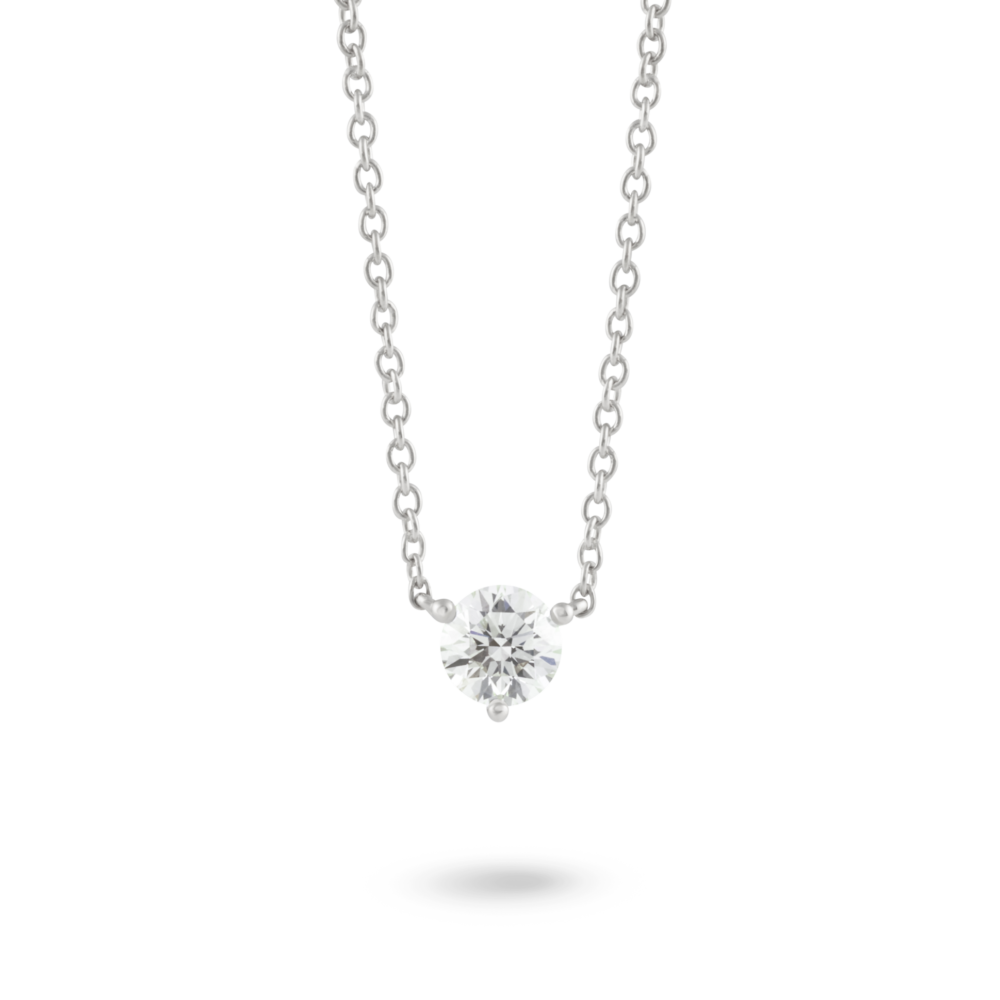 Front view of a white 0.5 carat round brilliant solitaire pendant in 14k white gold