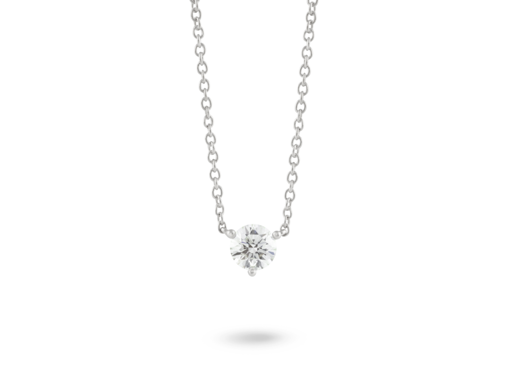 Front view of a white 0.5 carat round brilliant solitaire pendant in 14k white gold