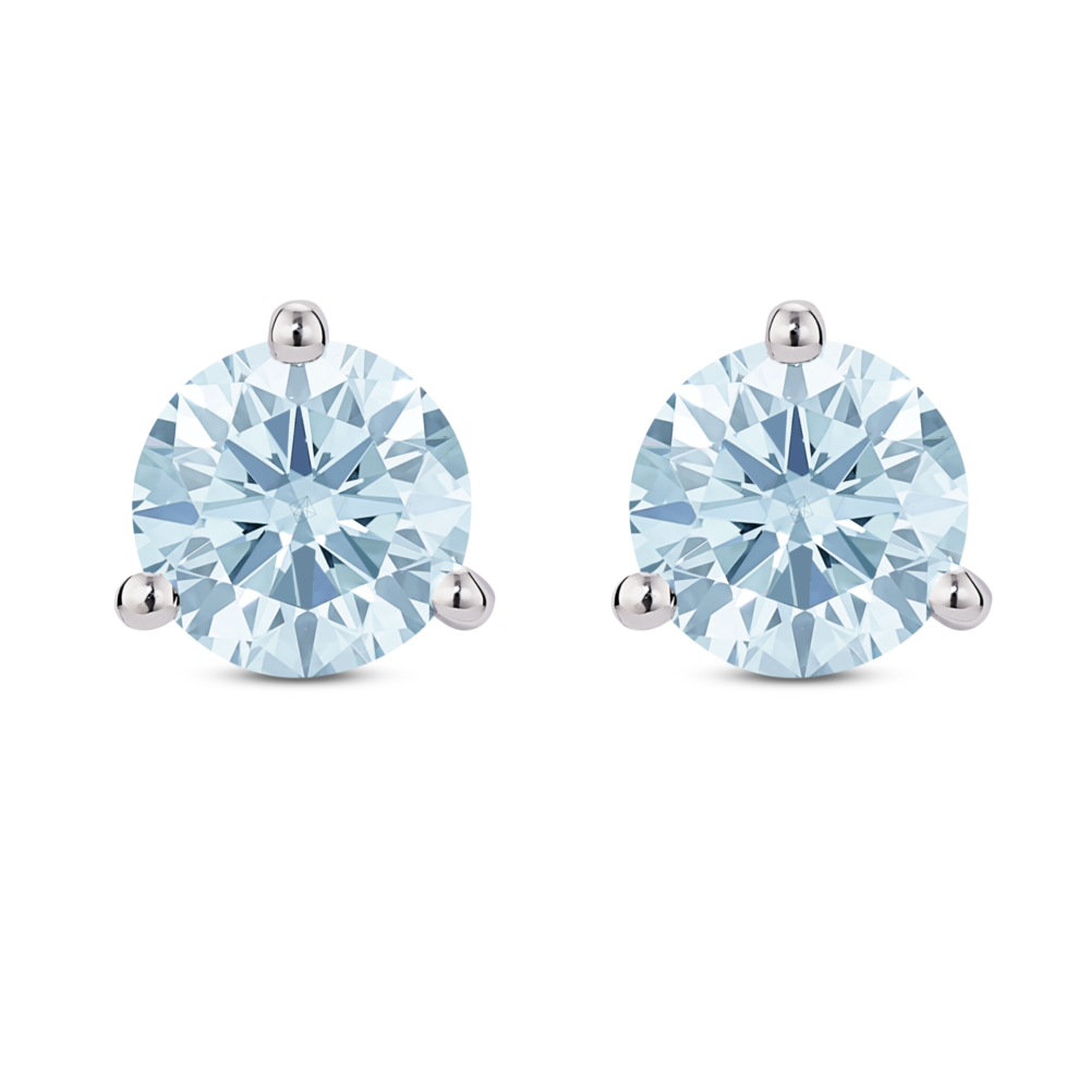 Front view of 2 carat total weight solitaire round brilliant 14k white gold studs with blue diamond